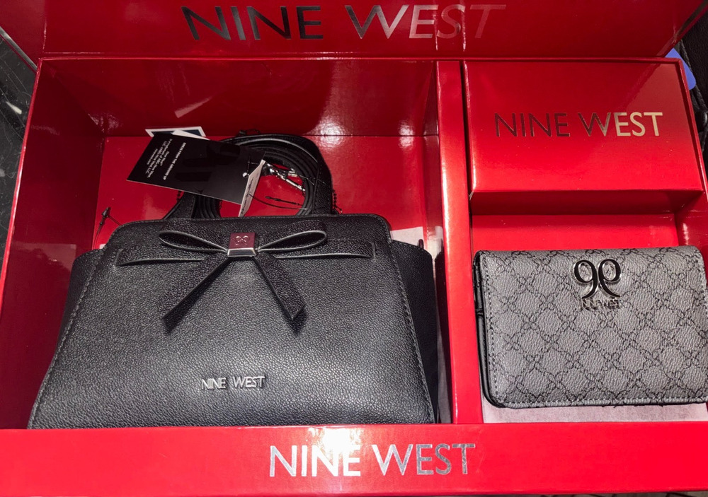 NWT Nine West 2-Pc Gift Set Black Bow Satchel Purse Crossbody & Monogram Wallet